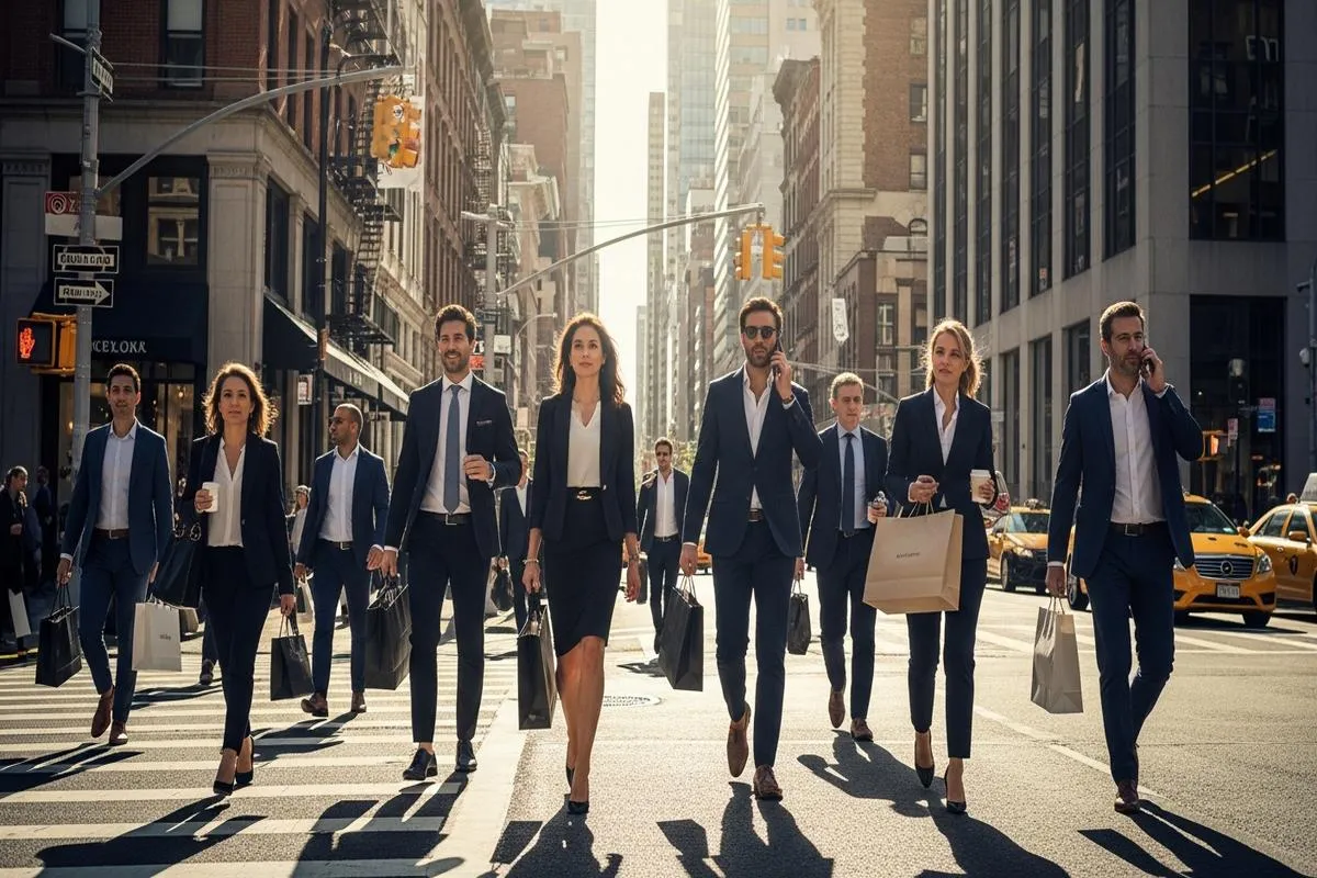 Professionals walking on a sunny city street representing economic activity.