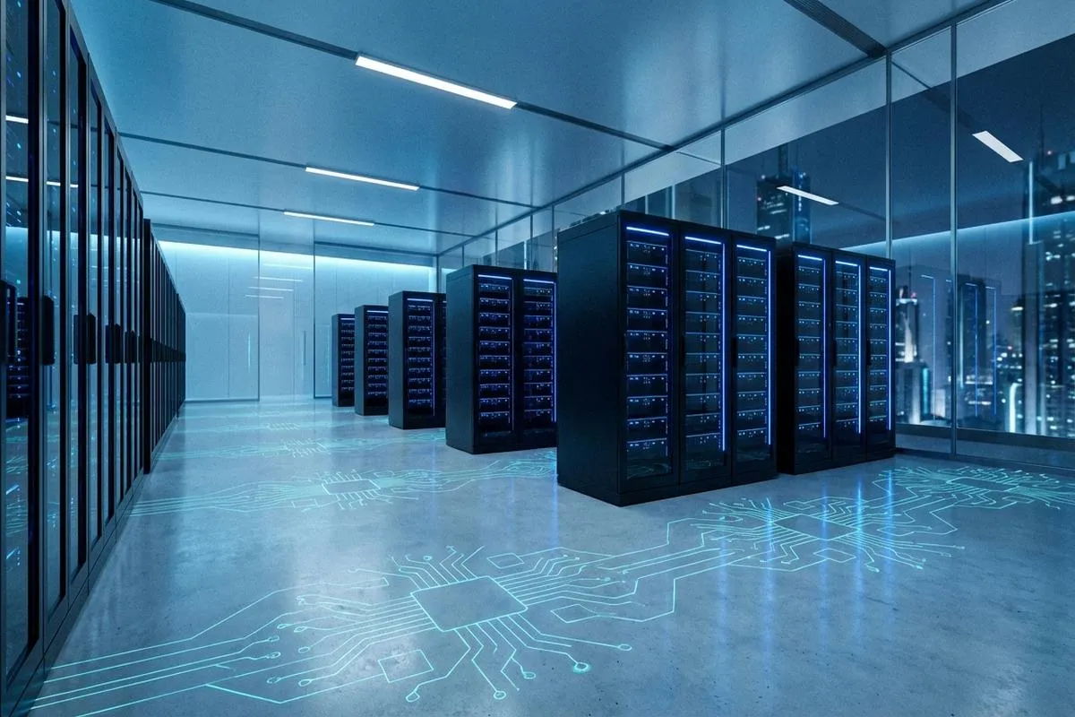 Minimalist server room with glowing quantum circuit patterns on the floor.