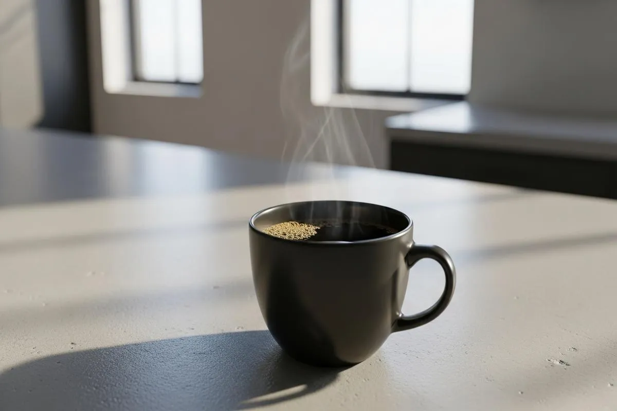 A cup of black coffee on a concrete countertop with soft morning light.