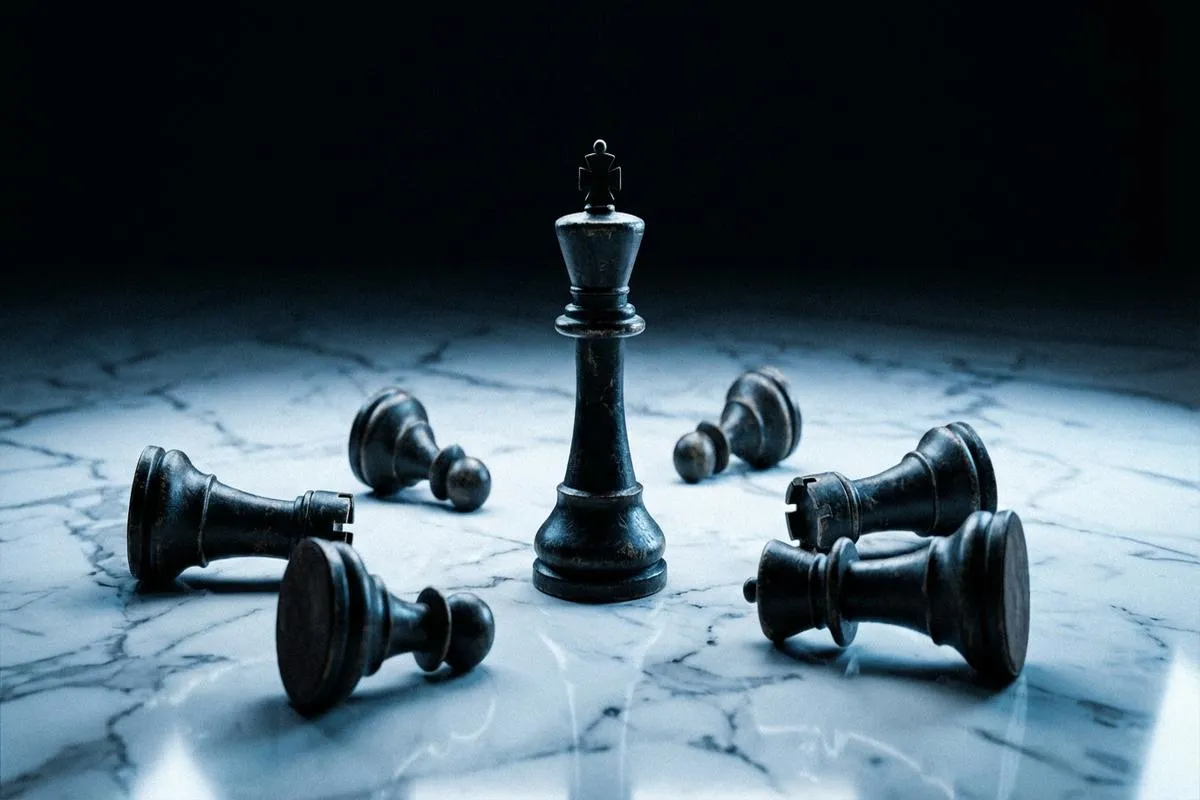 A lone chess king standing amidst fallen pieces.