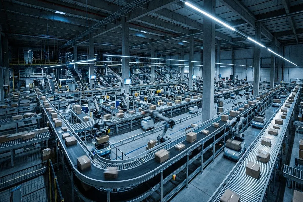 Interior view of a modern automated logistics warehouse with packages on conveyor belts.