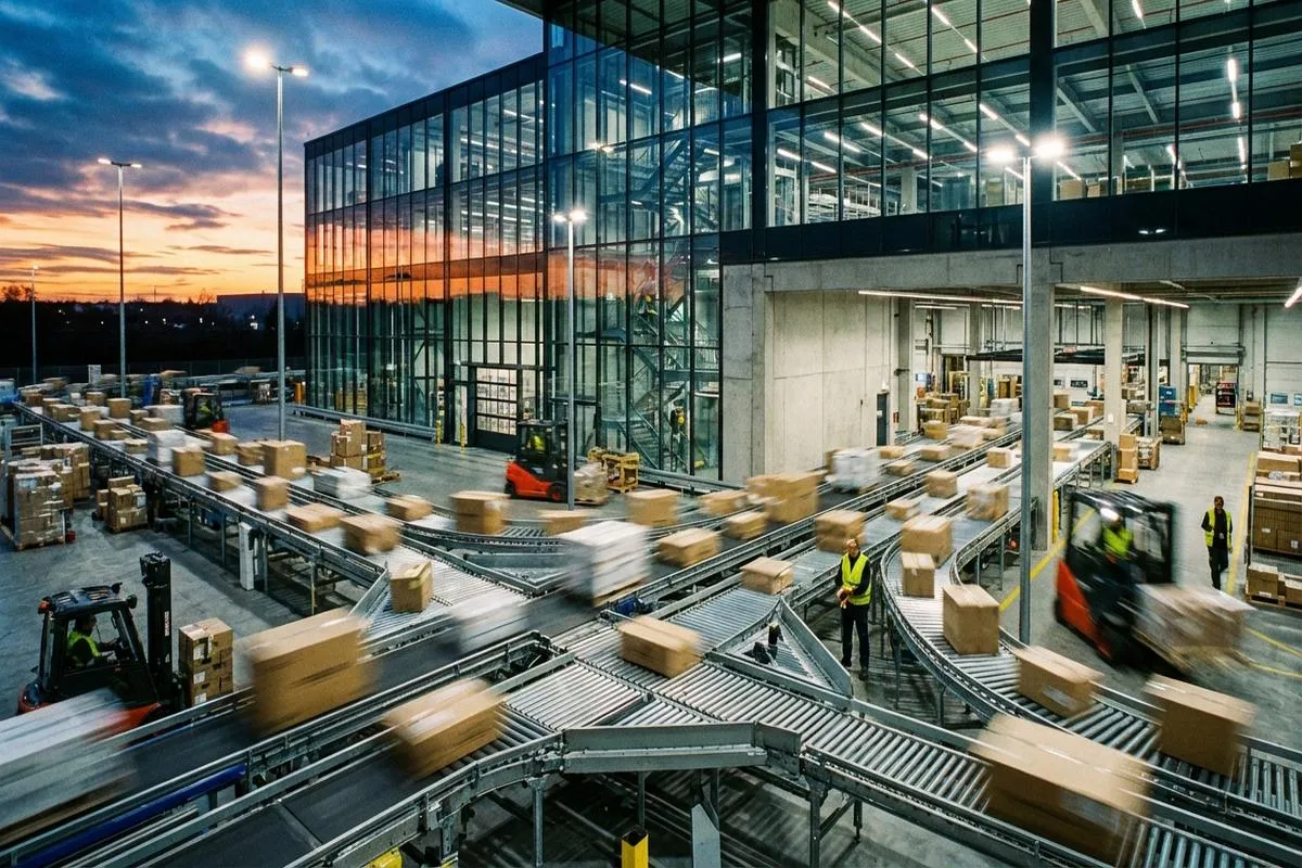 Blurred motion of packages moving through a modern logistics center at twilight.