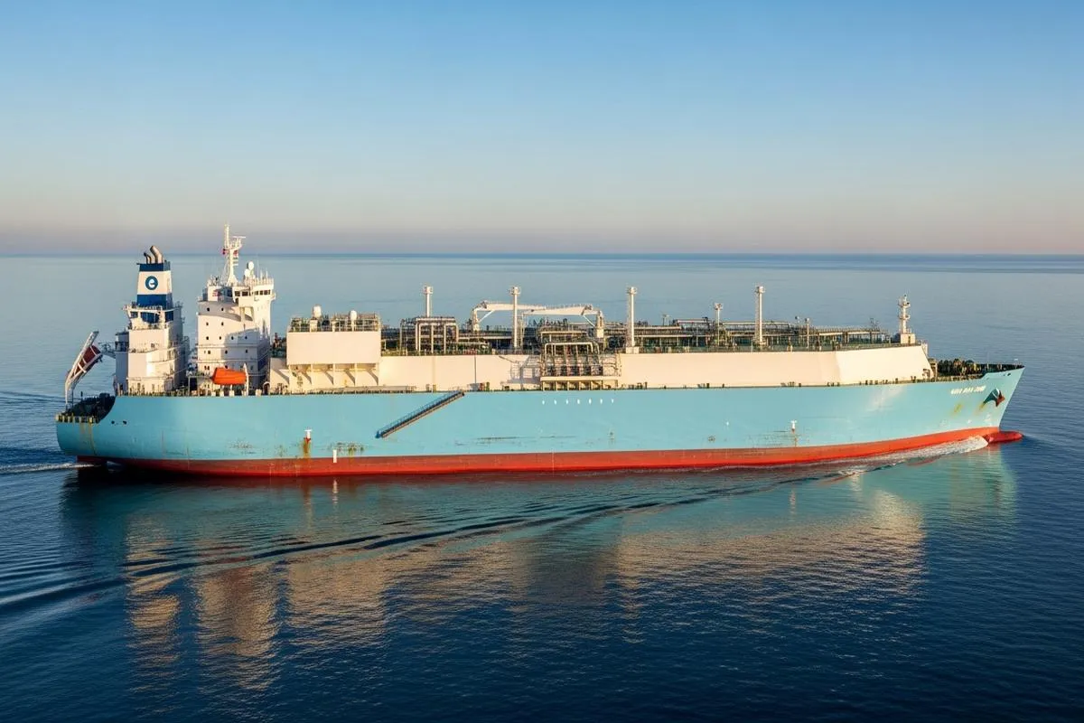 A large LNG tanker sailing on a calm blue sea under a clear sky, representing global energy trade.