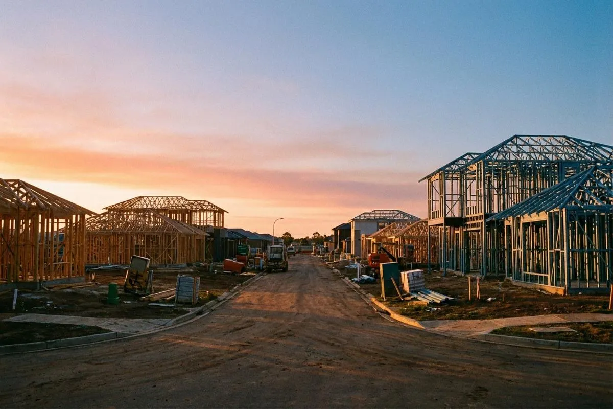 Framing of new single-family homes in a build-to-rent community at sunrise.