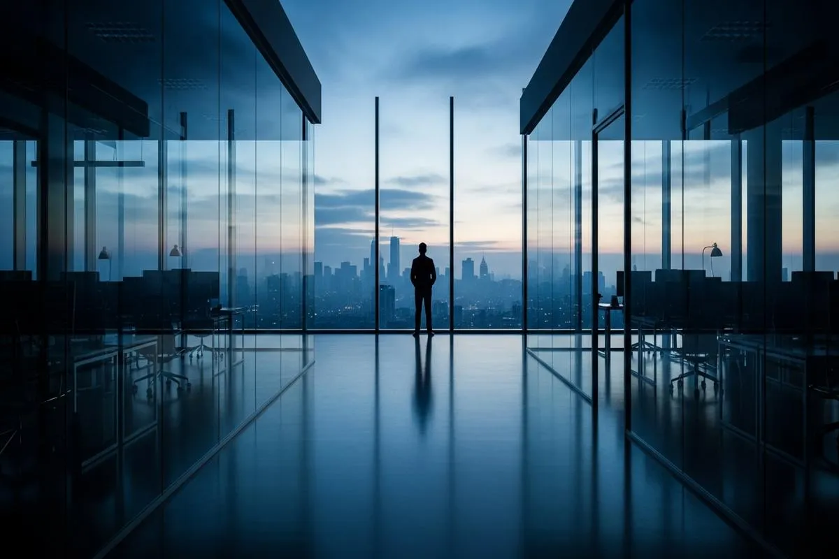 A solitary figure in an empty modern corporate office overlooking a city skyline at dawn.