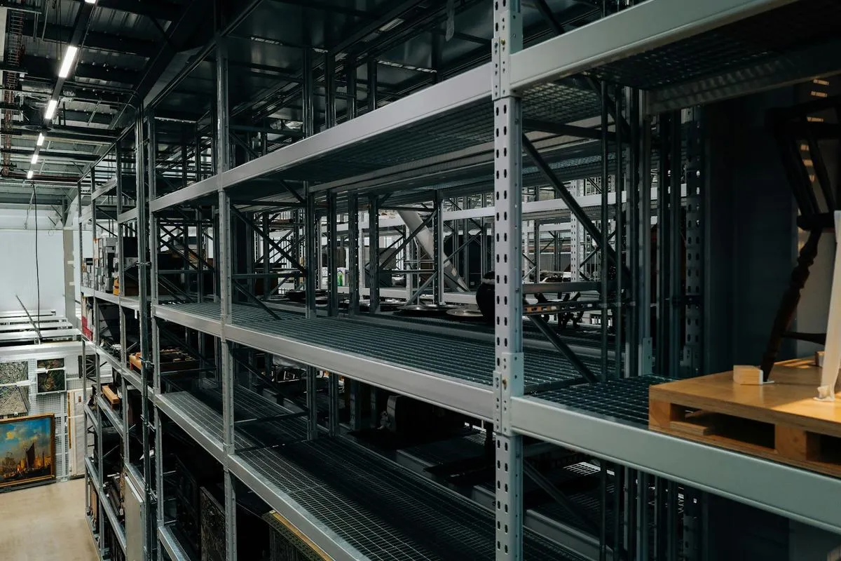 Rows of inventory on warehouse shelves
