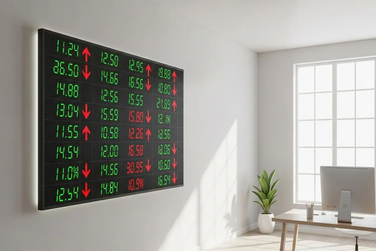 A modern stock market ticker board in a minimalist office.