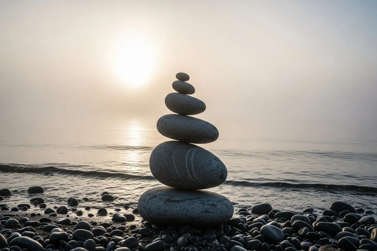 A balanced stack of stones, known as a cairn, sits on a quiet shoreline during a misty morning.
