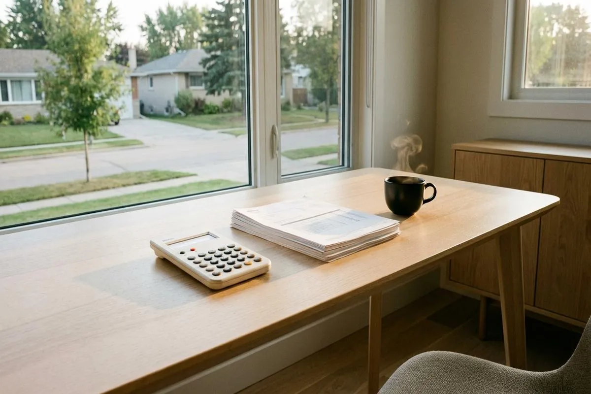 A neat home office desk with a calculator and coffee, symbolizing financial organization.