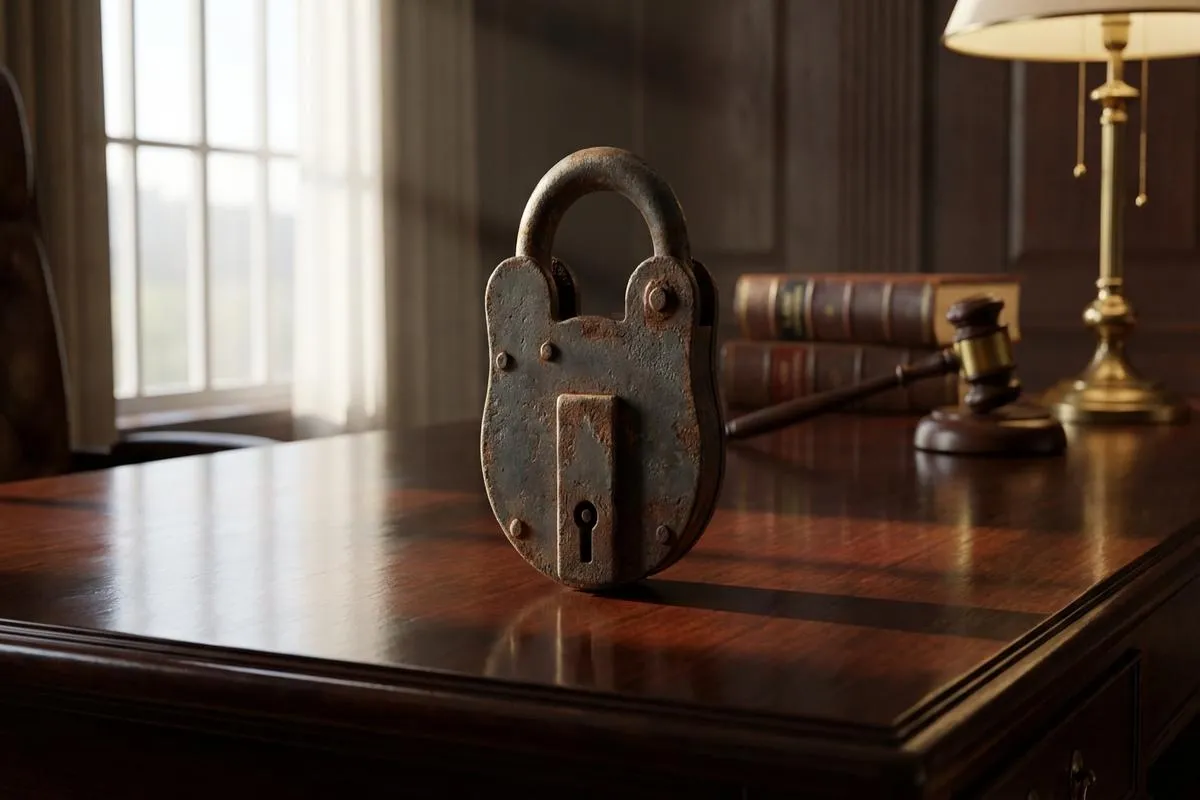 An iron shipping container lock sitting on a wooden legal desk symbolizing the clash between trade and law.