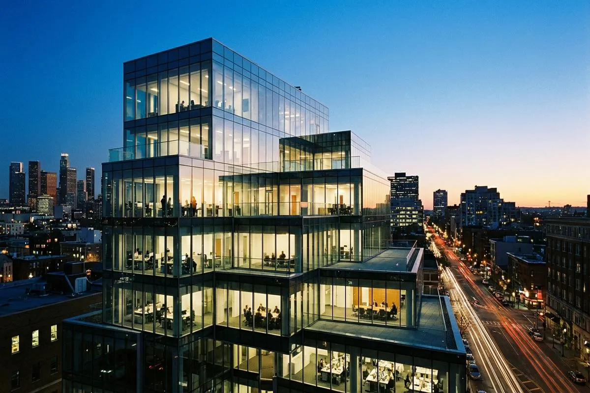 Modern office building with visible silhouettes of workers inside at twilight.