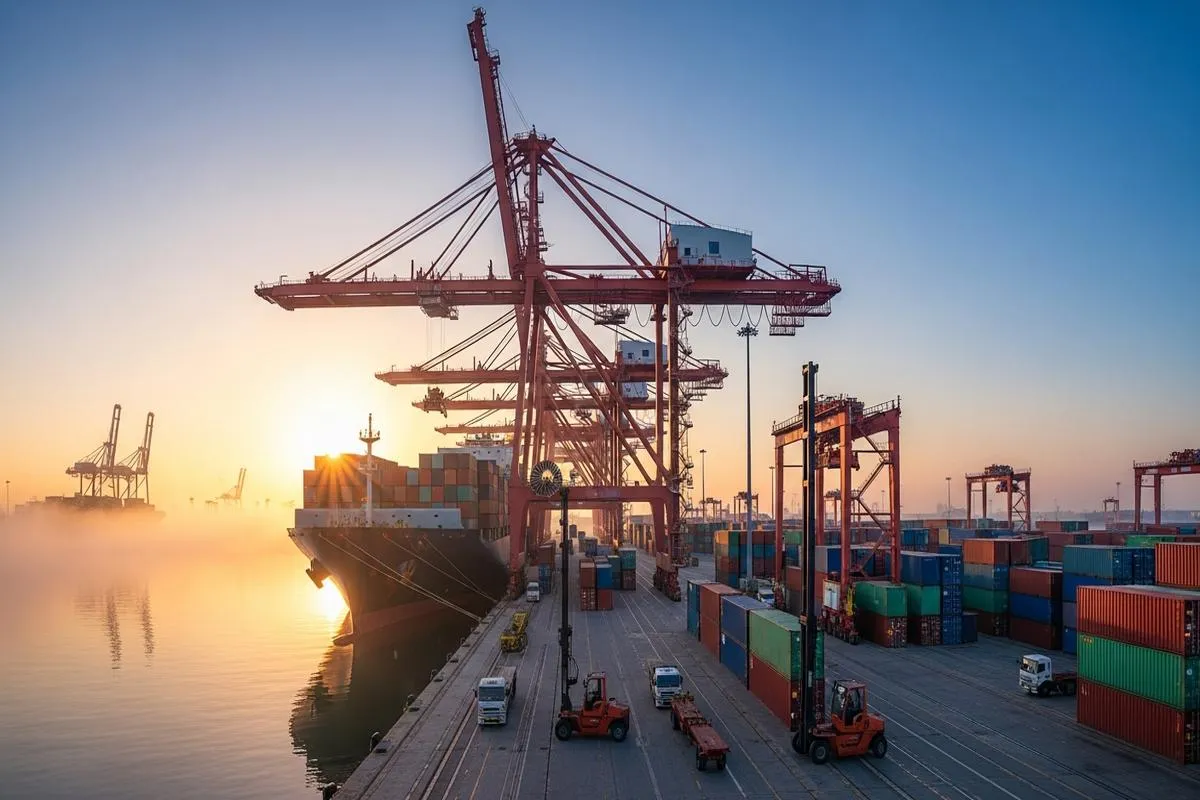 A busy modern shipping port at sunrise, with cranes loading colorful containers onto cargo ships.