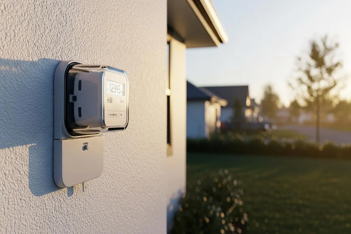 A modern digital electricity meter on the exterior wall of a suburban home at sunrise.