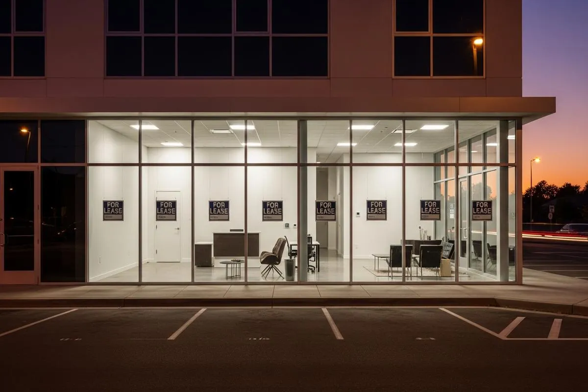 An empty, modern real estate office at dusk with 'For Lease' signs in the window, signifying a downturn in the market.