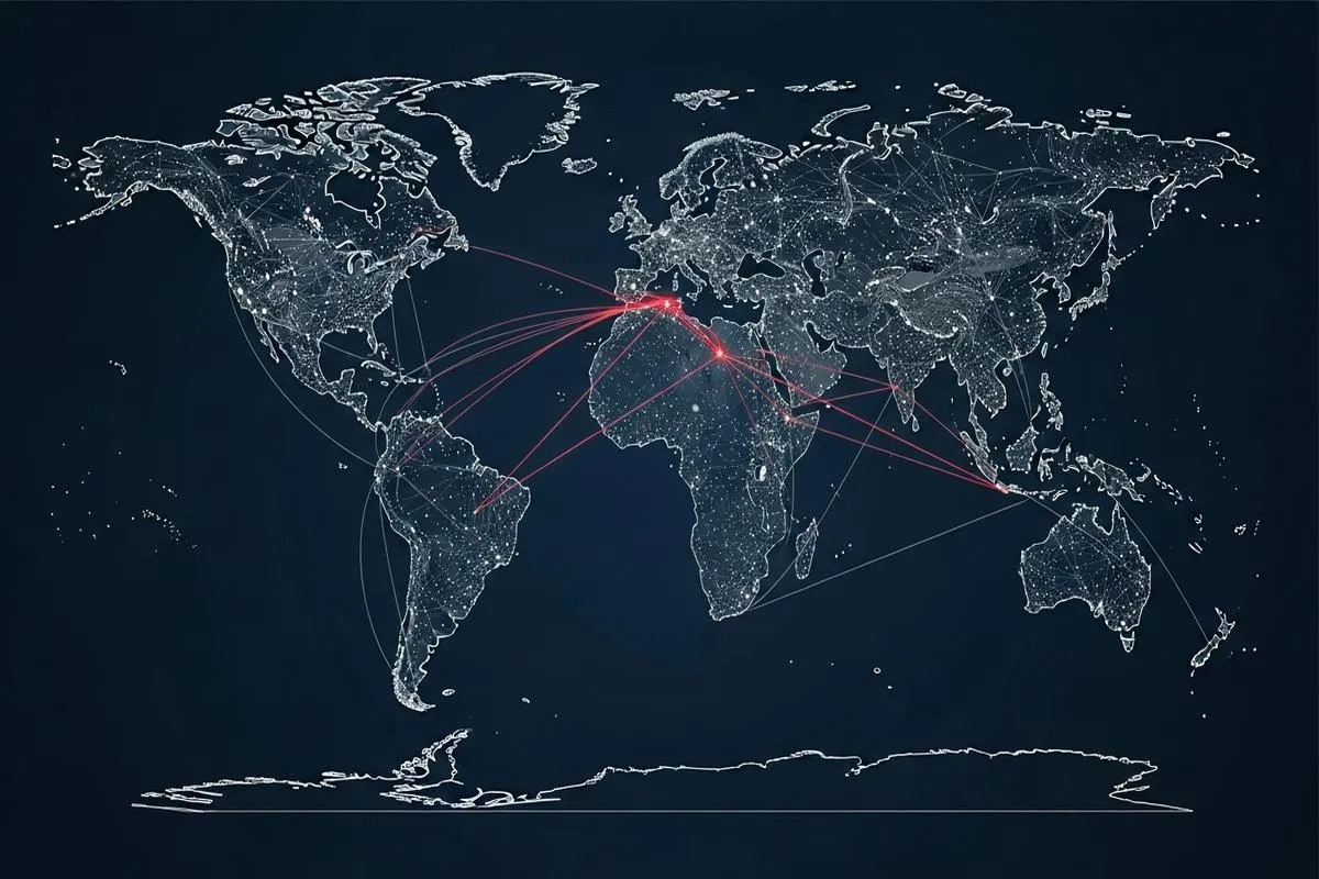A digital map of global network connections with a single red line indicating a system vulnerability.