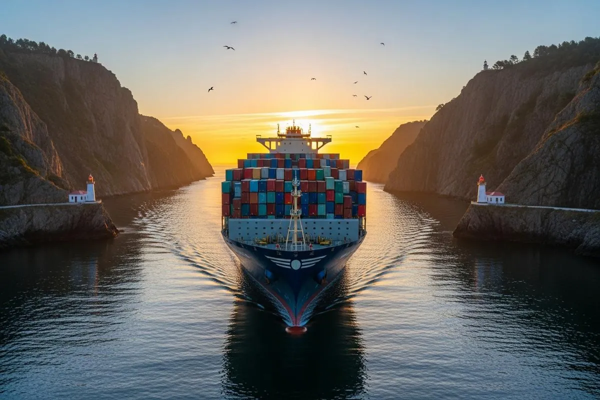 A large container ship sailing through a narrow passage of water under a clear morning sky.