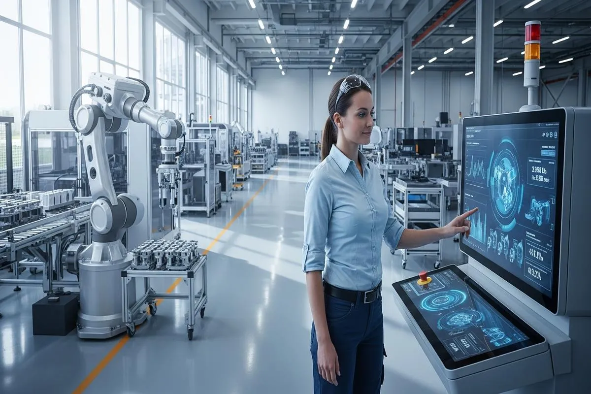 A female engineer works at a control panel in a clean, modern factory, with a robotic arm operating in the background.