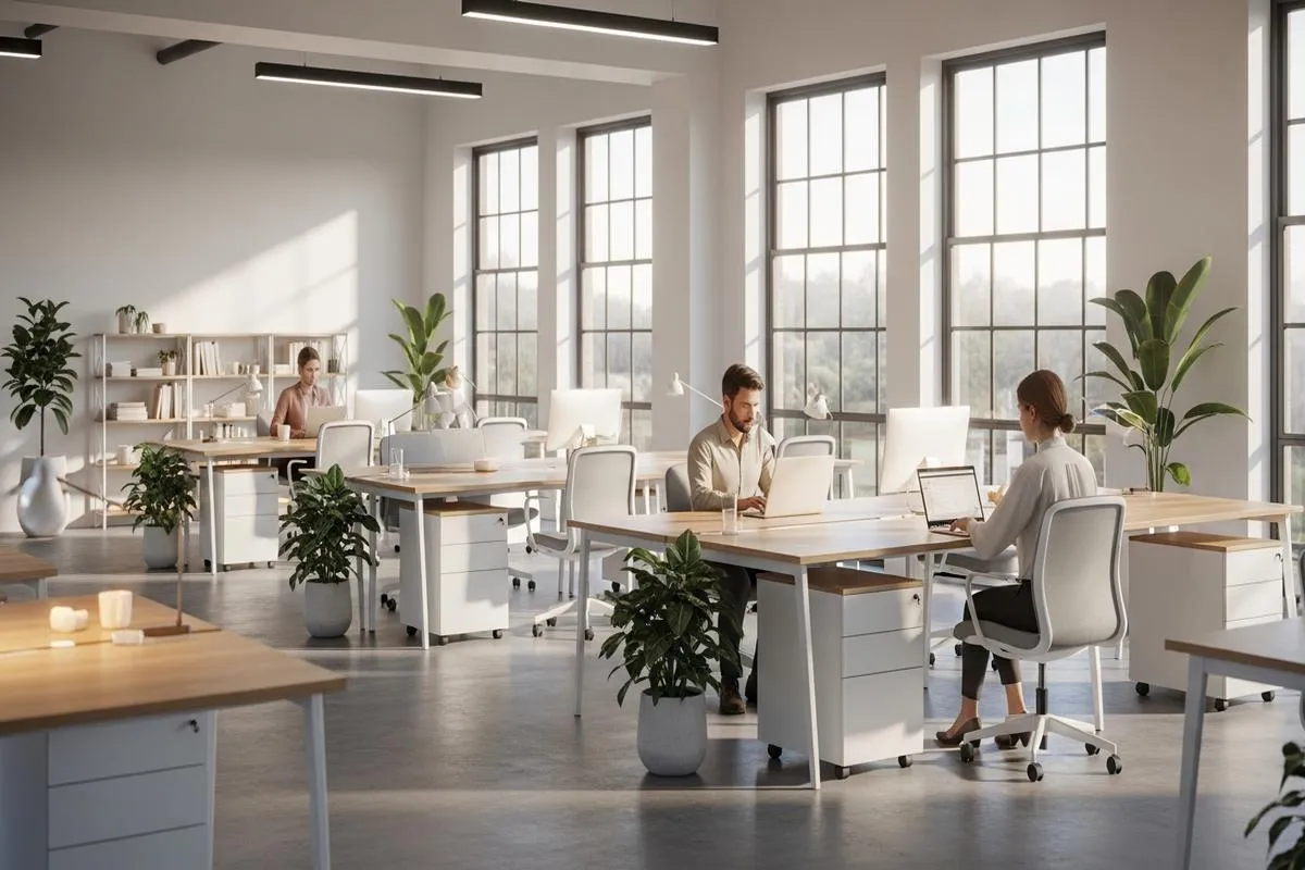 A quiet, sunlit modern office with several empty desks, symbolizing a changing workforce.