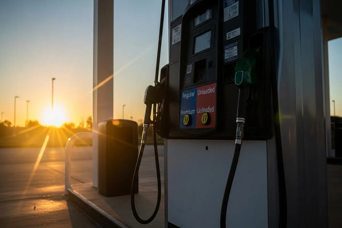 A close-up of a gasoline pump nozzle at sunrise, representing the direct cost of energy.