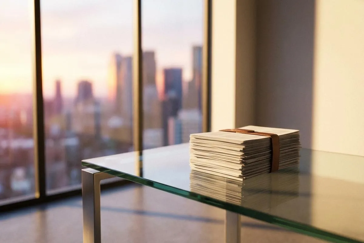 A clean office desk with financial papers illuminated by morning light.