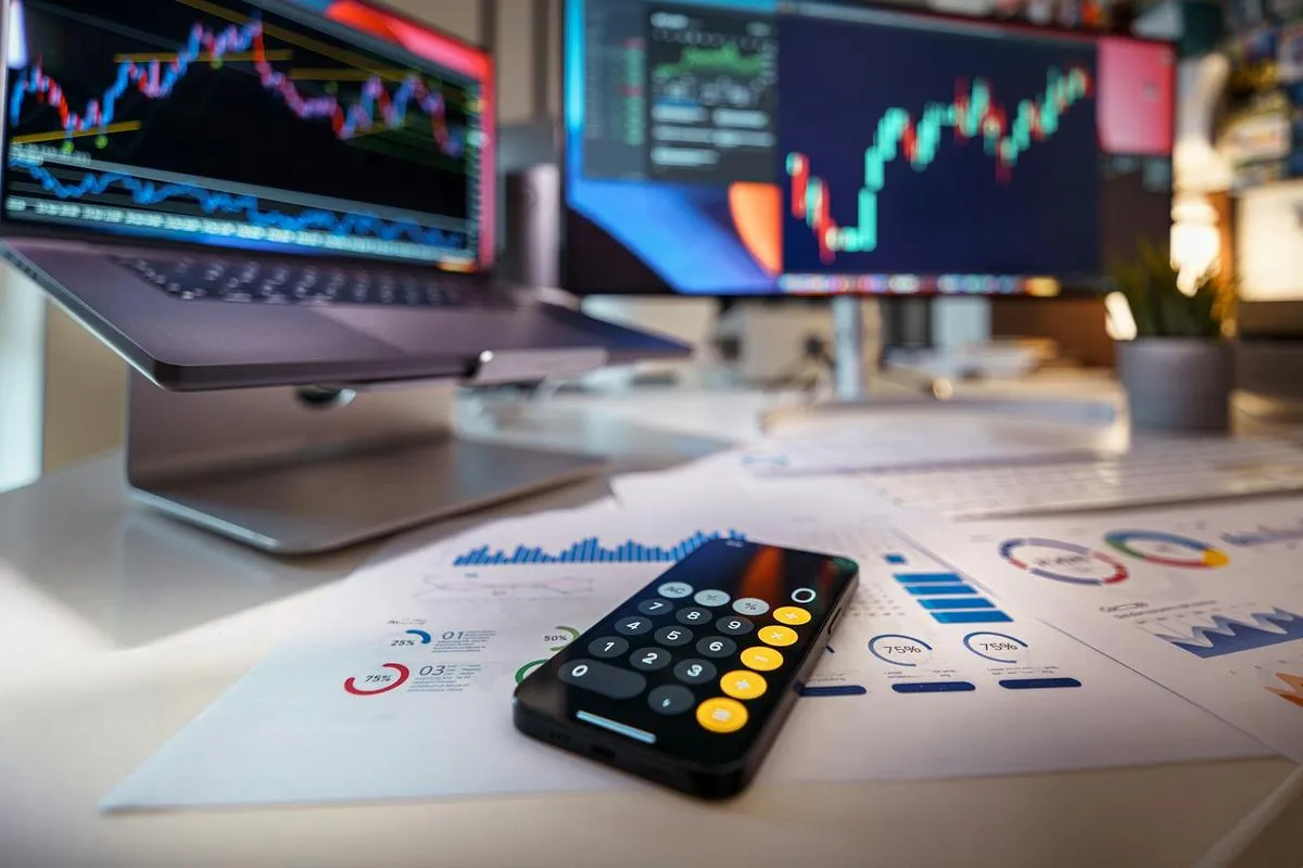 Treasury bonds and market screens on a trading desk