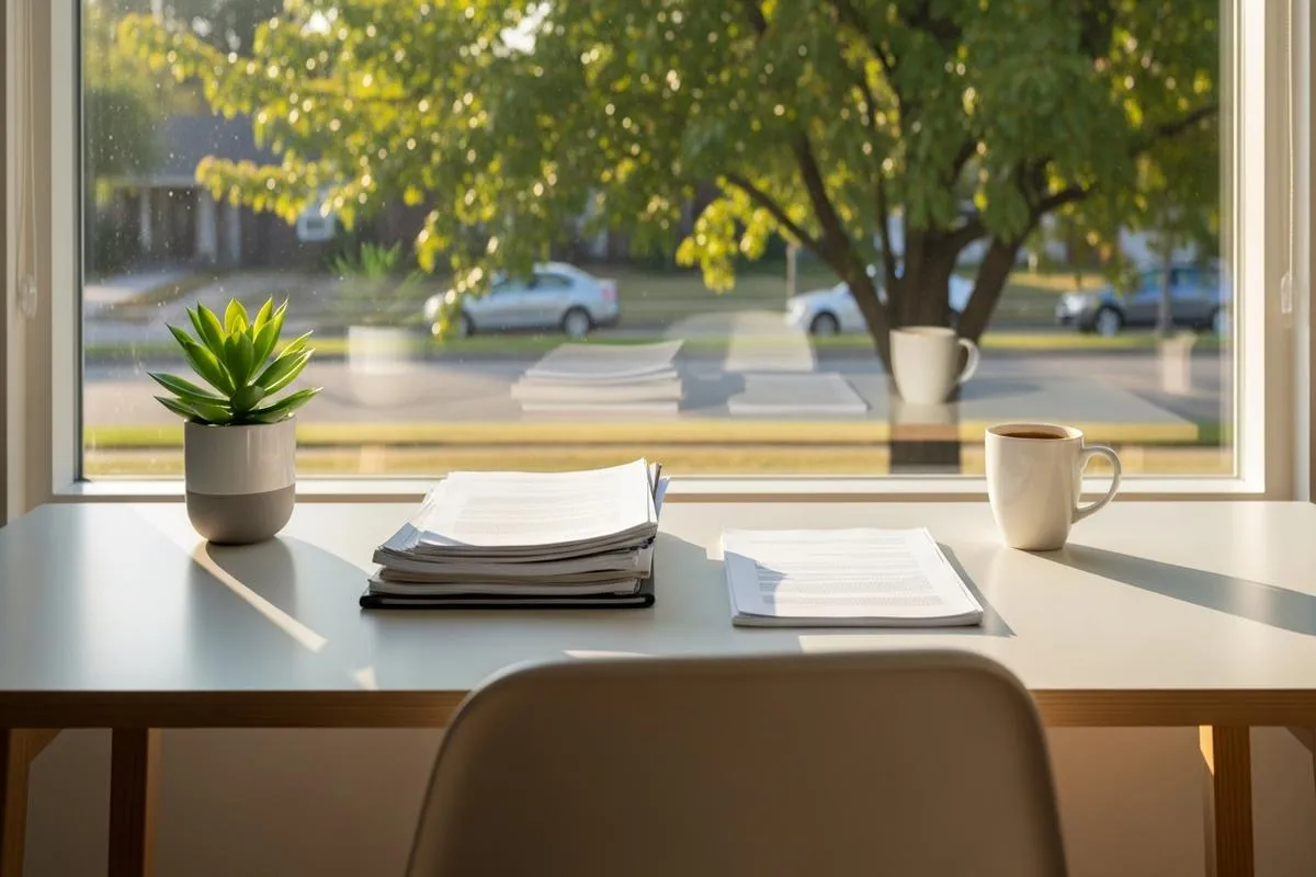 A sunlit home office desk with a coffee mug and plant, overlooking a quiet street.
