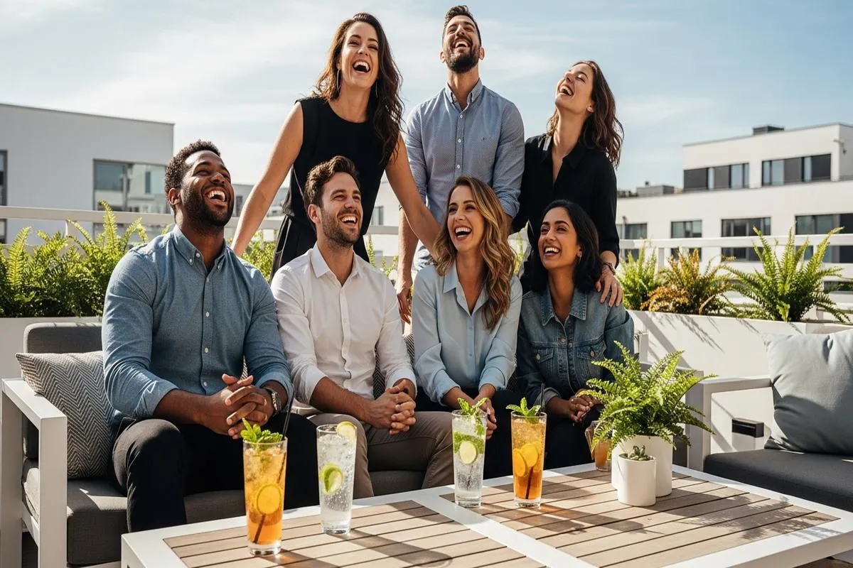 A group of young friends enjoying non-alcoholic drinks on a sunny patio.