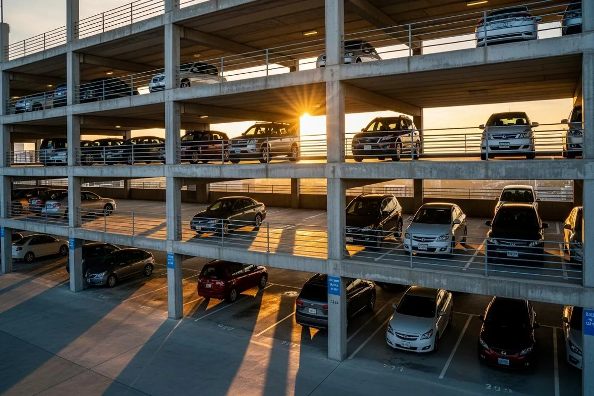 A multi-level parking garage filled with various cars at sunrise, bathed in soft morning light.
