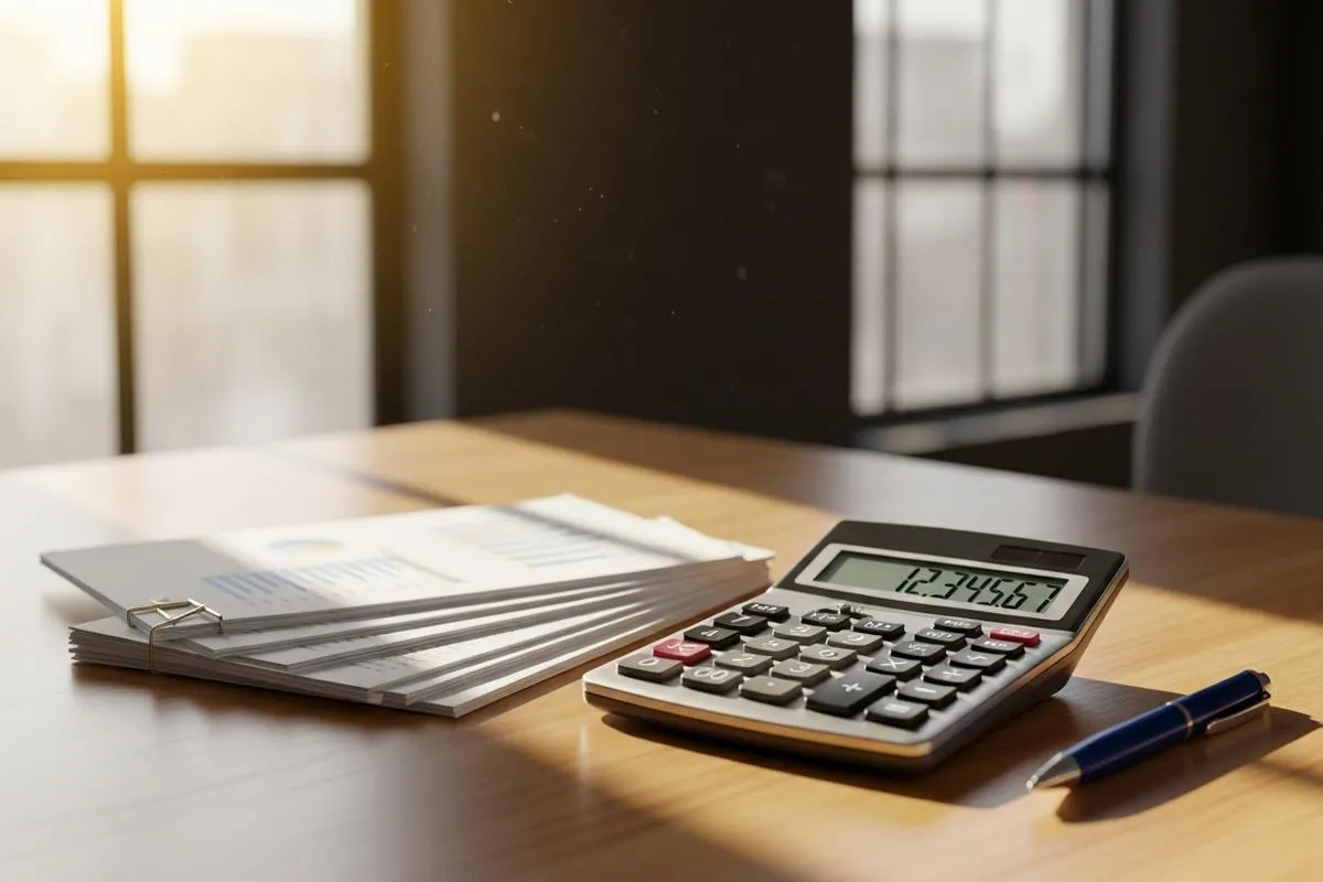 Sunlit desk with a calculator and financial documents, representing calm financial analysis.