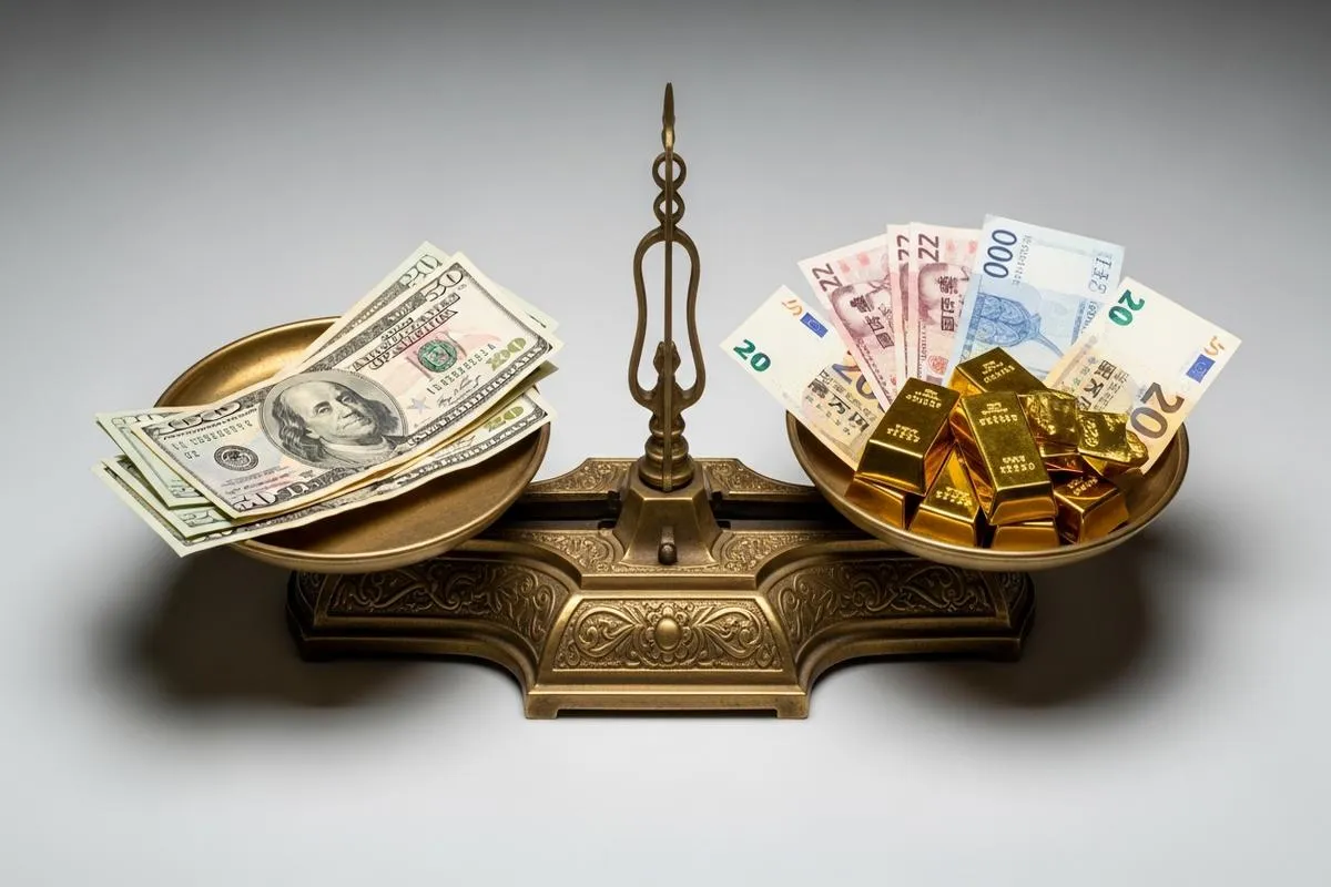 A brass balance scale with US dollars on one side and a mix of gold and other world currencies on the other, symbolizing a shift in global reserves.