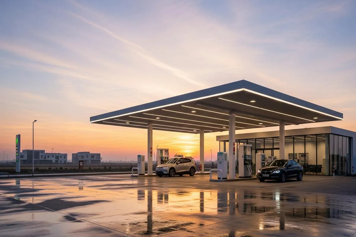 A nearly empty, modern gas station at sunrise, symbolizing the shift in fuel consumption.