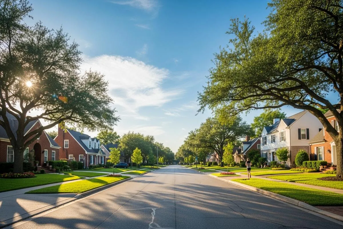 A quiet suburban street with modern homes under a clear blue sky, evoking a sense of stable community.
