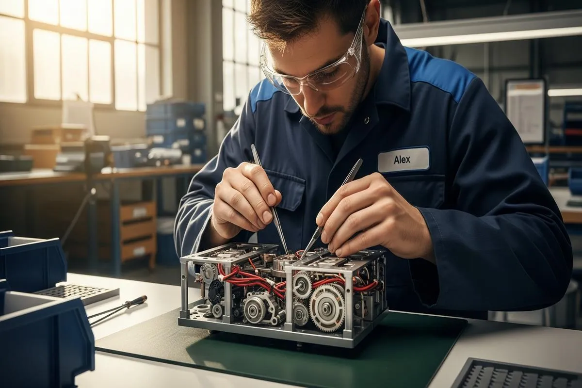 A skilled worker assembling a mechanical part on a clean factory floor, with sunlight streaming through a window.