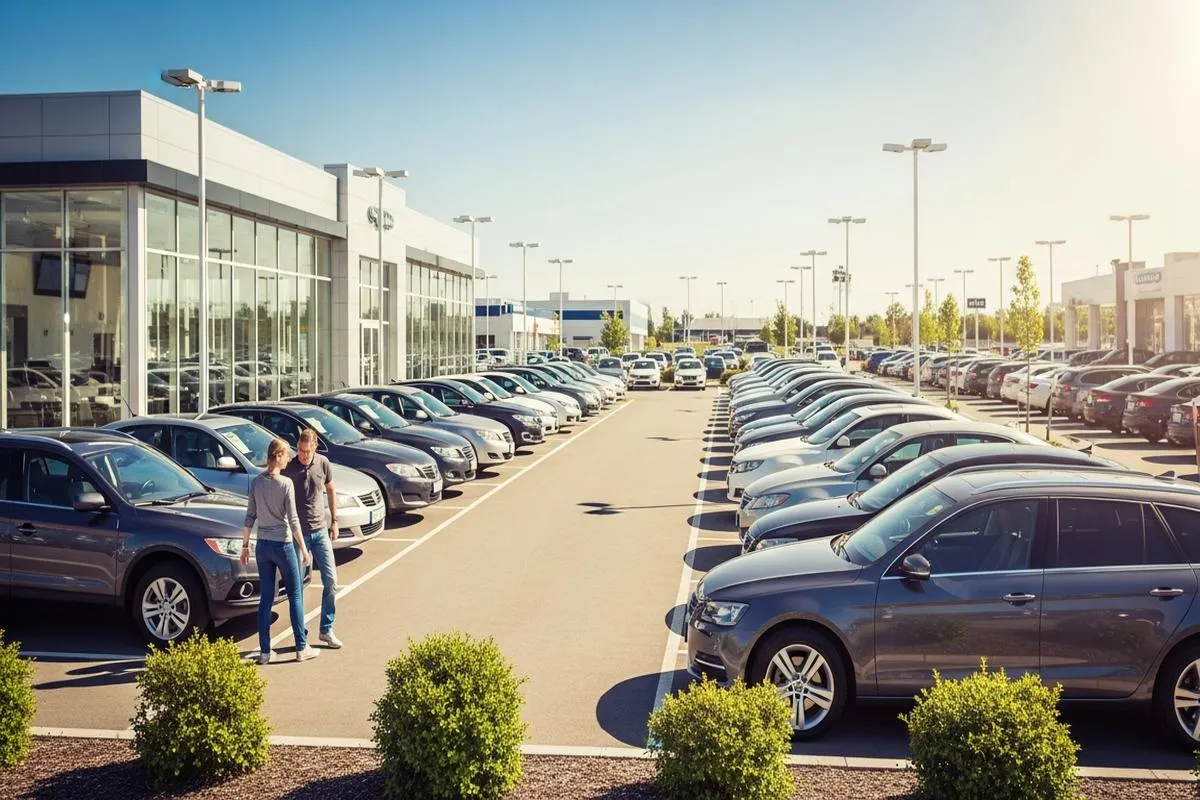Rows of used cars neatly parked on a dealership lot under a clear sky.