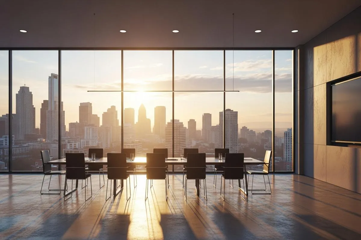 An empty modern boardroom overlooking a cityscape at dawn.