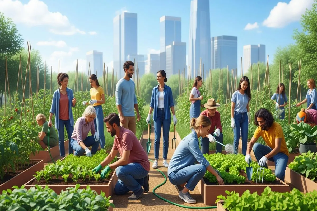 People from different backgrounds gardening together in a city.